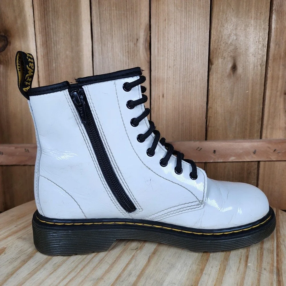 Dr Martens 1460 J Boots Kids Size 3 White Leather Combat Lace Up Side Zip‎ Ankle